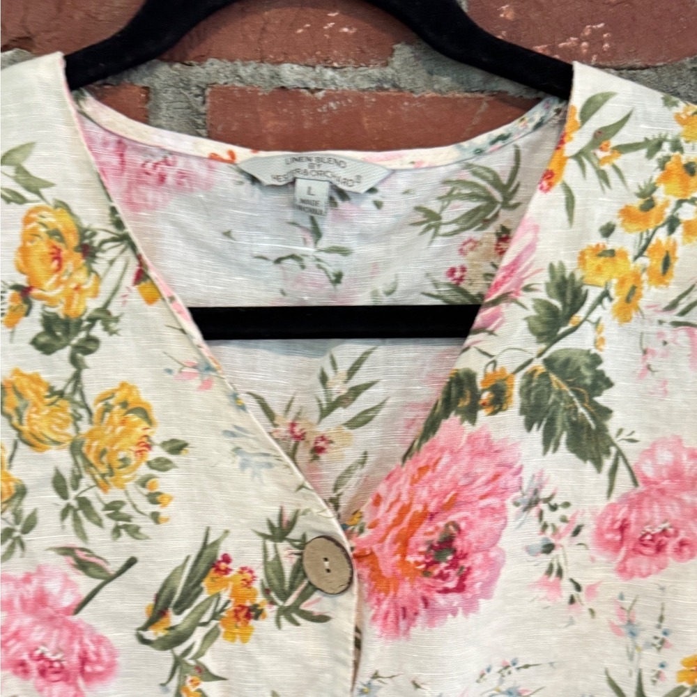 Hester & Orchard Linen Blend Floral Button Front Tie Sleeve Top L Pink Yellow - Picture 5 of 8